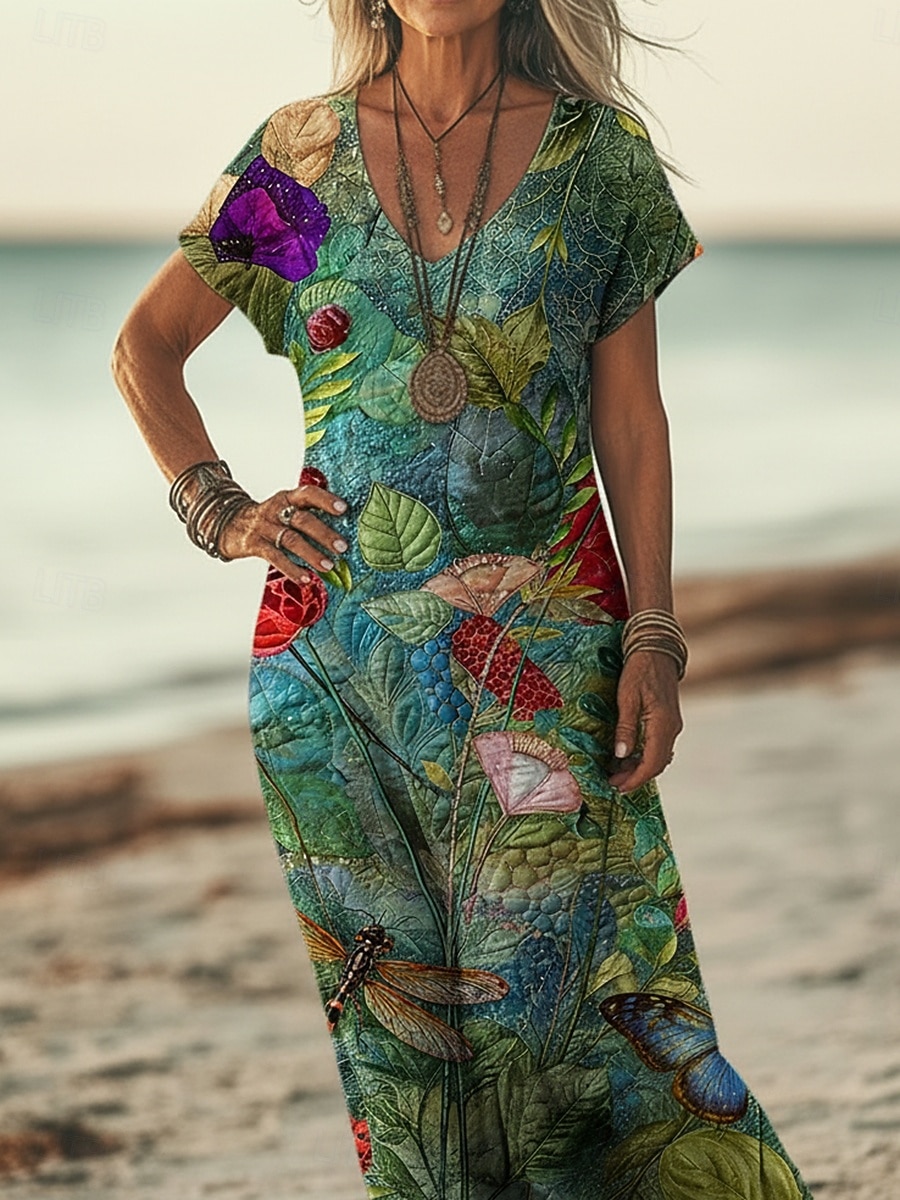 Women's Maxi long Dress Casual Dress A Line Dress Print Dress Fashion Modern Outdoor Beach Vacation Regular Fit Floral Graphic Leaf Short Sleeve V Neck Green Summer Spring 2026 - $25.99 –P3
