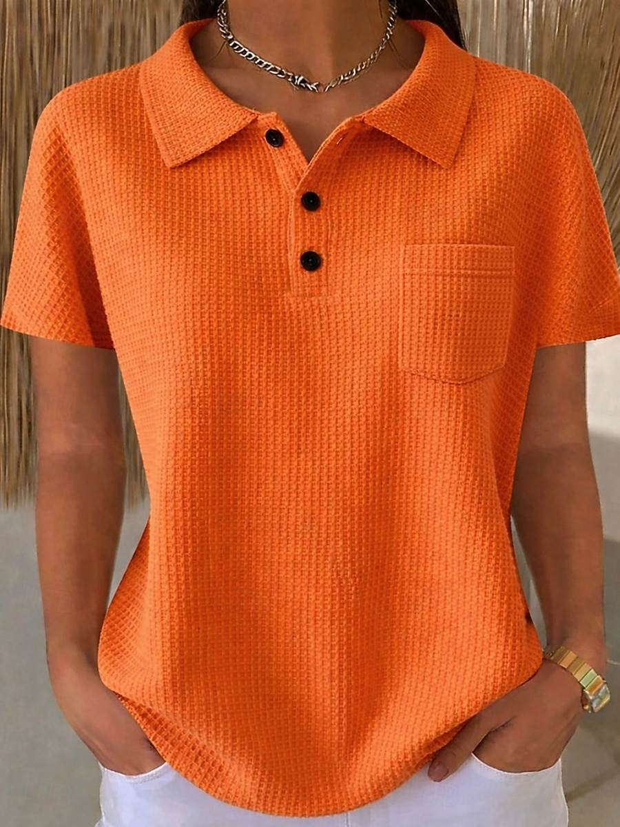 חולצת טוניקה ופל לנשים עם כפתורים חלקה וינטאג' מסוגננת קלאסית קצרה שרוולים צוואר עגול עליוניות ארוכות יומיות כחול ורוד כתום כחול בהיר קיץ אביב 2026 - $31.99 –P4