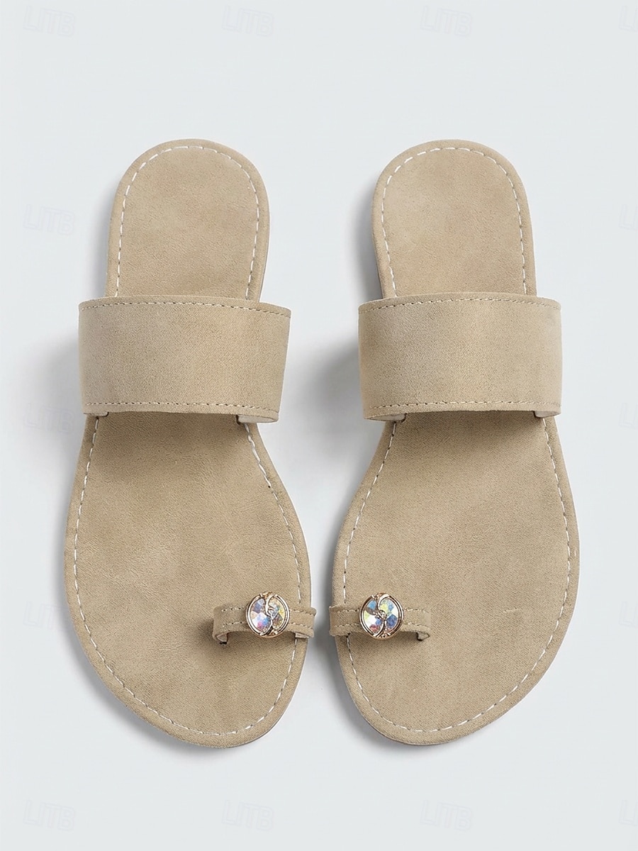Elegantes sandalias planas de ante color camel para mujer: cómodas sandalias con tira entre los dedos y una joya de cristal extragrande, ideales para viajes en yate de lujo y escapadas a islas. &ropa 2026 - $19.99 –P3
