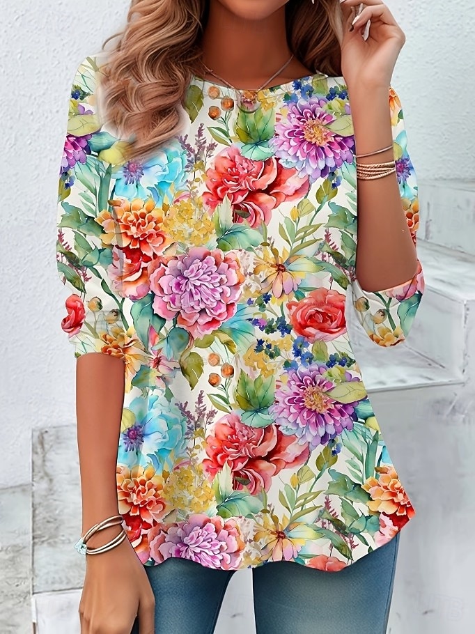 Γυναικεία Μπλουζάκι Στάμπα Φλοράλ Γραφική Φυτά Στυλάτο Κλασσικό Μοντέρνα Μακρυμάνικο Στρογγυλή Ψηλή Λαιμόκοψη Μακριές μπλούζες Καθημερινά Σαββατοκύριακο Ρούχα διακοπών 2026 - $9.49 –P6
