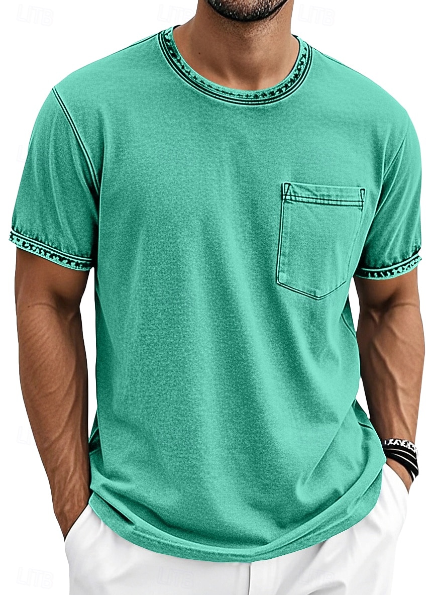 Herre T skjorte 100% bomullssyre-vaskeskjorte Kortermet Crew-hals Sommer Vår Alle årstider Helfarge Enkel Elegant Årgang Nøytral Lomme Plaggfarget Nedtrykt Avslappet Hjem utendørs Lyseblå Svart Brun 2026 - $20.99 –P7