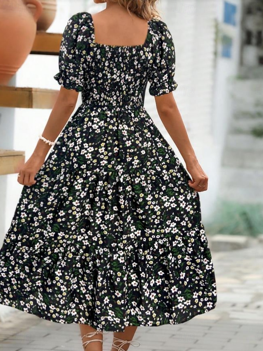 Women's Midi Dress Casual Dress Floral Dress Elegant Fashion Modern Outdoor Vacation Going out Regular Fit Floral Short Sleeve Square Neck Blue Black White Pink Summer Spring 2026 - $25.99 –P8