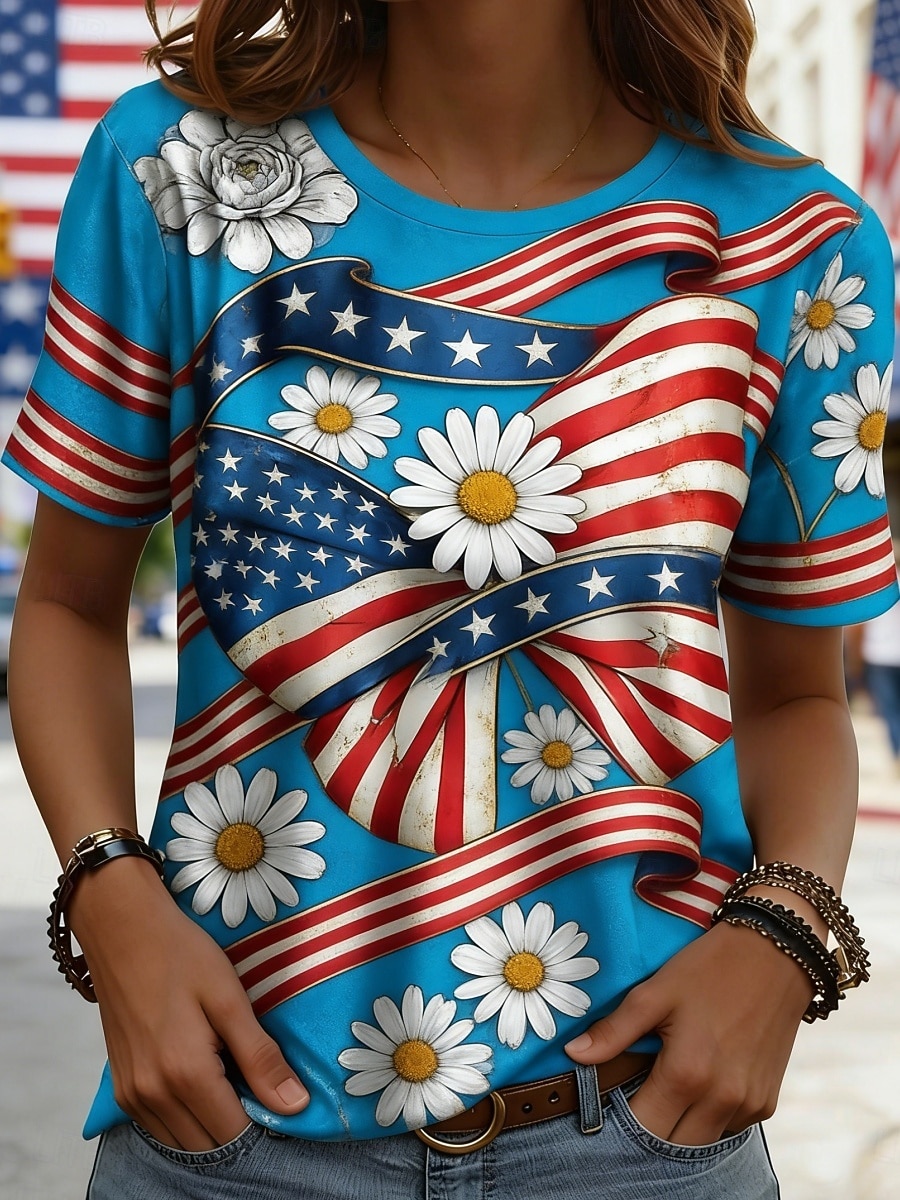 American Independence Day Women's T Shirt Tee Top Print Floral Graphic Flag Stylish Classic Casual Short Sleeve Crew Neck Regular Tops Daily Going out Weekend Blue Light Blue Summer Spring 2026 - $14.99 –P1
