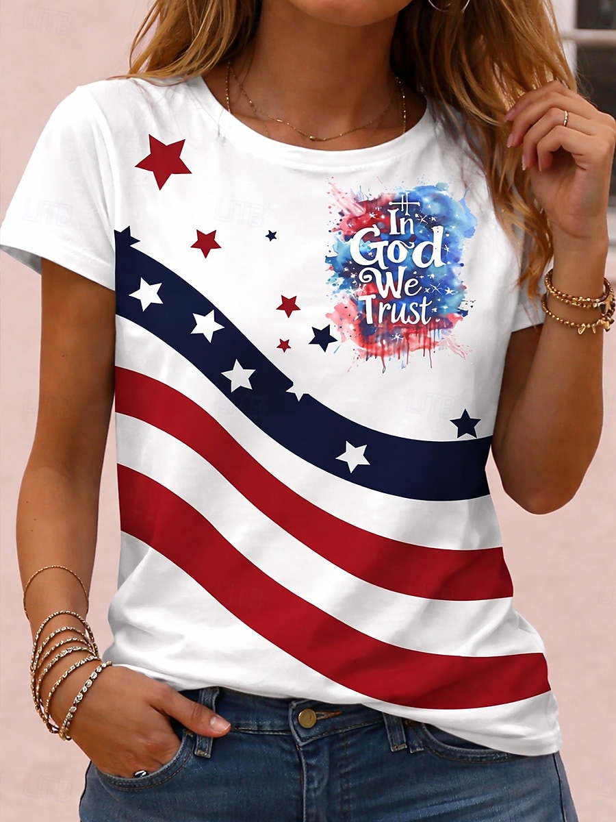 Amerykański Dzień Niepodległości Damskie Podkoszulek Nadruk Graficzny Litera Flaga Ameryki Zabytkowe Elegancki Klasyczny Krótki rękaw Półgolf Zwykłe topy Codzienny Czarny Biały Czerwony Czerwony 2026 - $22.99 –P6