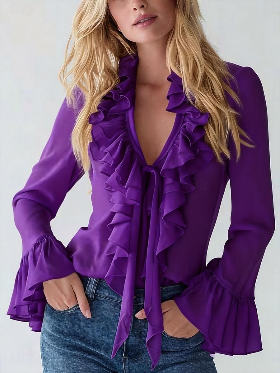 Dame Skjorte Bluse Rysjeskjorte Drapering Helfarge Stilfull Grunnleggende Klassisk Langermet V-hals Vanlige topper Daglig Ferie Ut på byen Svart Hvit Lilla Sommer Vår 2026 - $25.99 –P5
