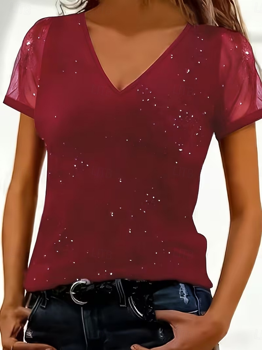 Femmes T-shirt Paillettes Maille Couleur Unie Élégant Mode Classique Manche Courte Col en V Hauts Réguliers Quotidien Sortir Week-end Noir Rouge Été Printemps de 2026 ? $21.99 –P4