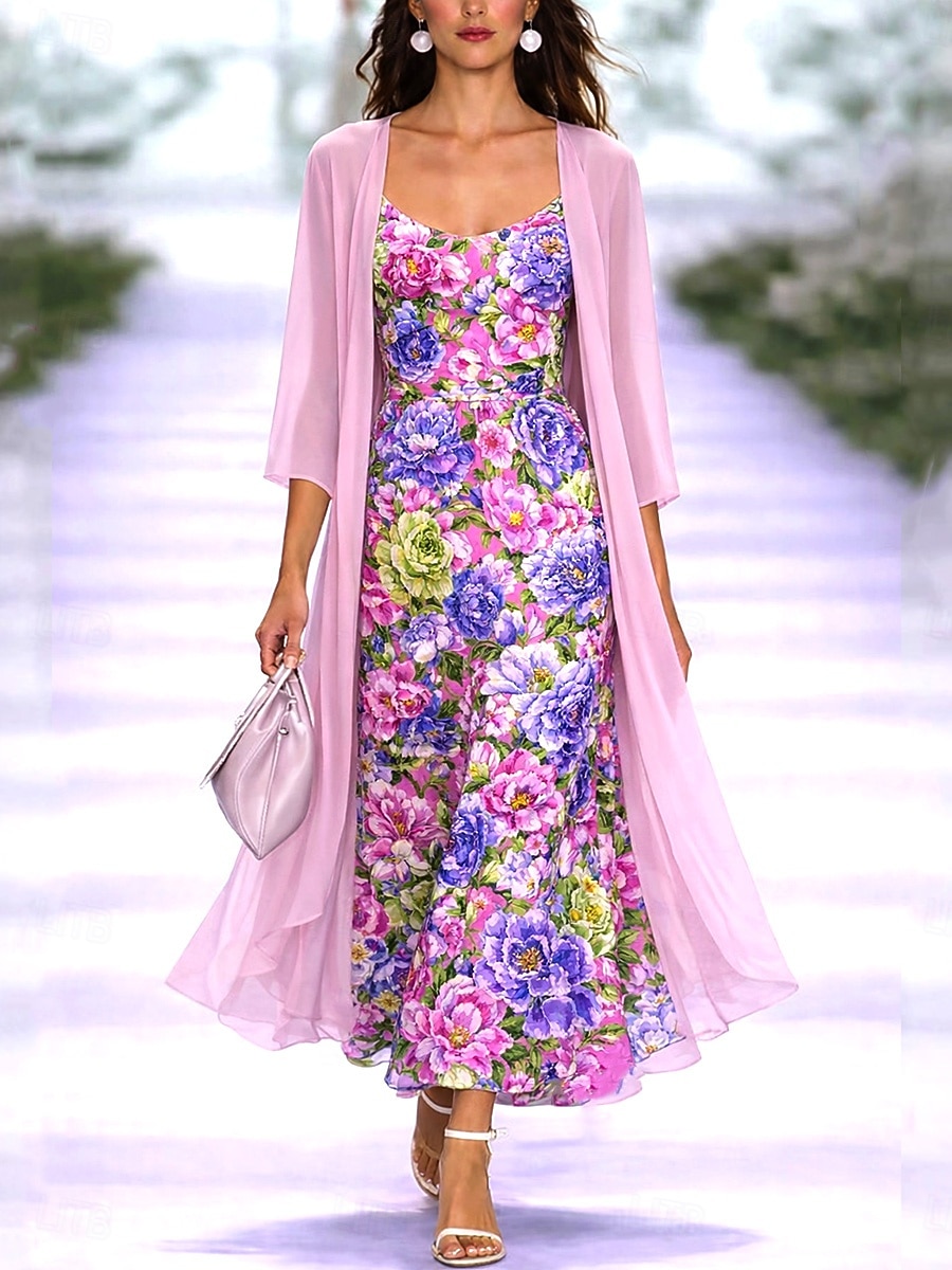 Damen Kleid-Set A Linie Kleid Elegant Urlaub Blumen Grafik Geschichtet Druck Midikleid Dreiviertelarm V Ausschnitt Täglich Party Hellgrün Violett Dunkelblau Sommer Frühling Normale Passform 2026 - $51.99 –P3