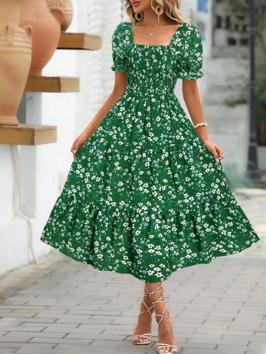 Women's Midi Dress Casual Dress Floral Dress Elegant Fashion Modern Outdoor Vacation Going out Regular Fit Floral Short Sleeve Square Neck Blue Black White Pink Summer Spring 2026 - $25.99 –P10