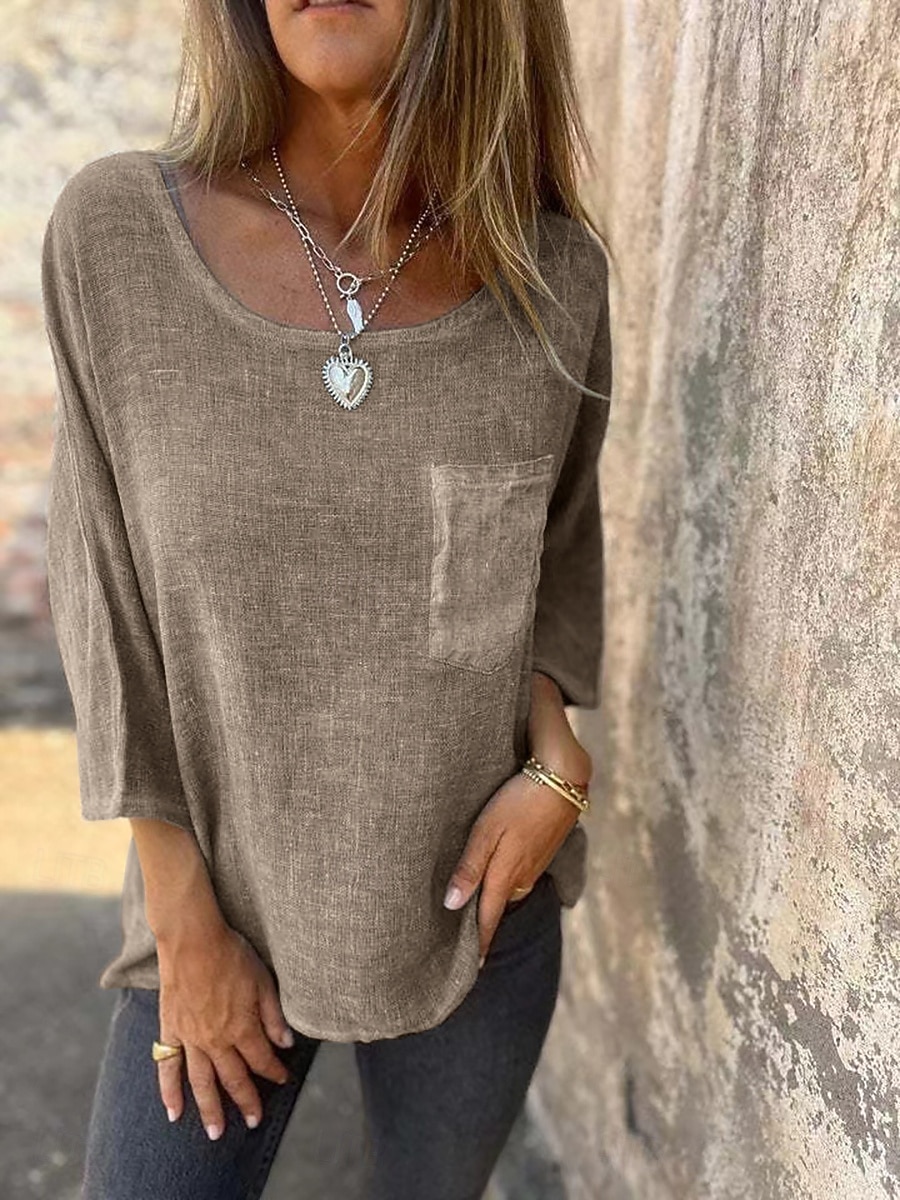 Mujer Mezcla de lino Blusa Retazos Bolsillo Plano Elegante Clásico Moderno Manga 3/4 Cuello Barco Tops regulares Tops largos Diario Festivos Noche Verde Claro Caqui Albaricoque Gris Verano Primavera 2026 - $22.99 –P5