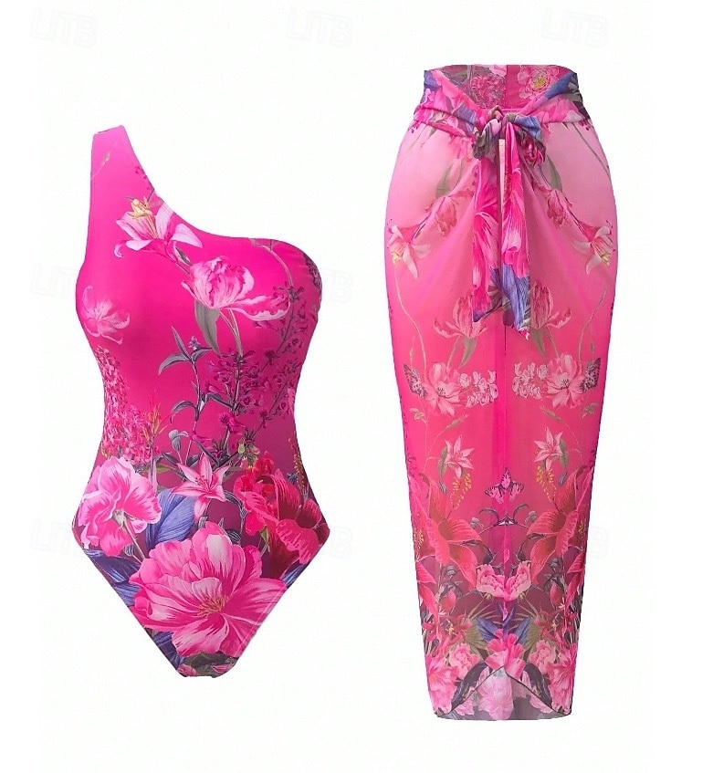 Mulheres Roupa de Banho 2 partes Monoquíni Saia roupa de banho Compressão abdominal Cintura Alta Delgado Frente Única Férias Roupa de Praia Floral Pescoço Assimétrico Sem Manga Fatos de banho de 2026 por $29.99 –P14