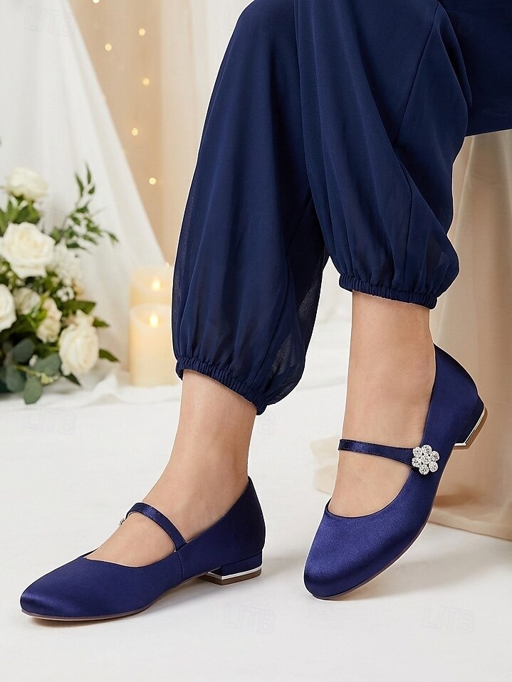 women's comfortable dress shoes navy blue Women's Navy Blue Mary Jane Low Heel Shoes with Rhinestone Buckle, Elegant Mother of the Bride Flats for City Wedding, Round Toe Comfortable Dress Shoes for Formal & Evening Wear 2026