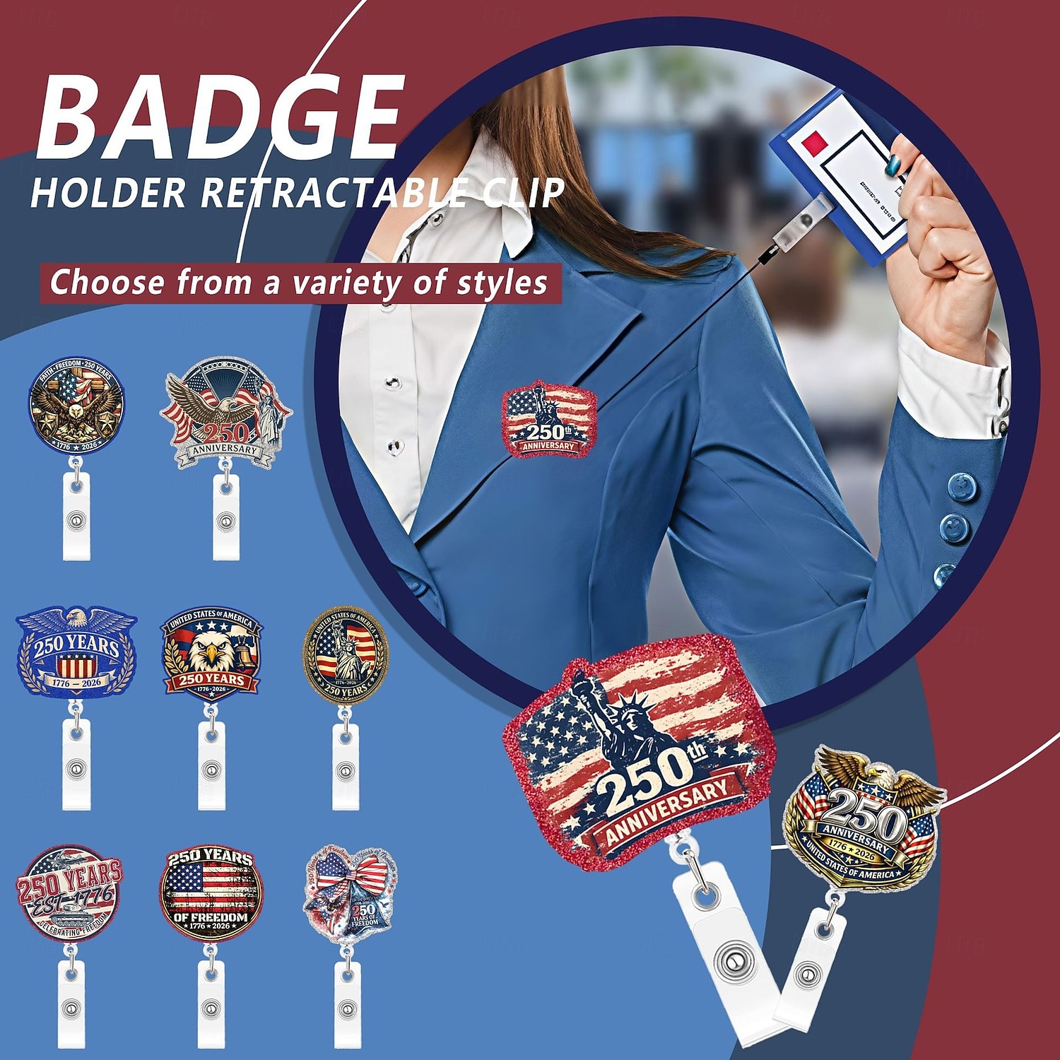 Porta badge retrattile per il 250° anniversario dell'America con clip a coccodrillo, porta badge identificativo per il 250° anniversario dell'indipendenza, accessori per il 4 luglio 1776-2026, regalo del 2026 a $9.99 –P3