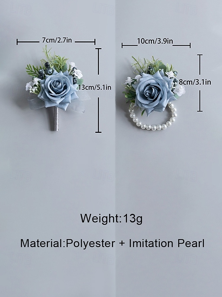 Bruidscorsage en boutonnière voor heren, gemaakt van lichtblauwe polyesterstof met een imitatiebloemenprint, geschikt voor bruidegoms, gala's, feesten en formele avondgelegenheden. 2026 - $14.99 –P13