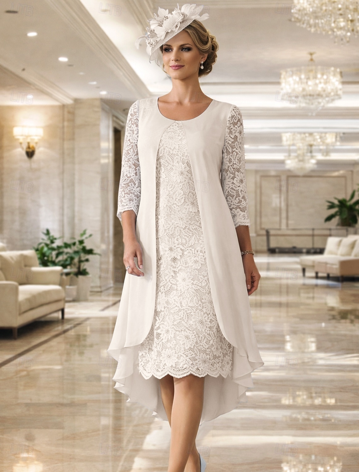 A-Linie Knielang Kleid für Hochzeitsgäste Brautmutterkleid Langarm Juwelenhals Elegant Übergröße Hochzeitsgast Chiffon Spitze mit Spitze 2026 - $172.99 –P10