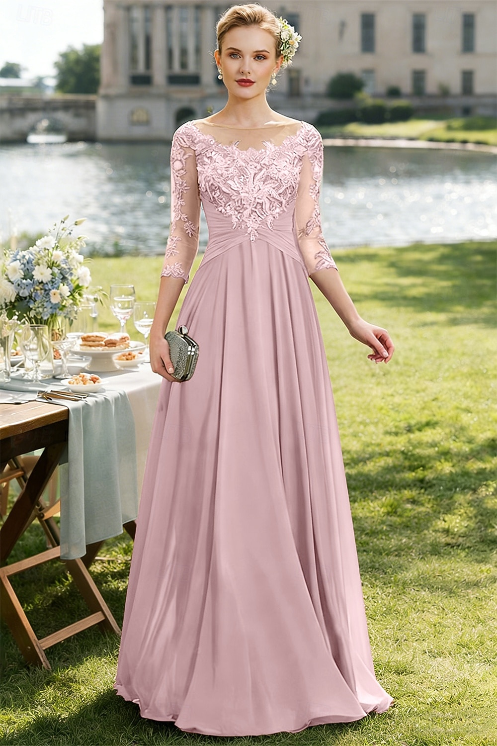 Linea ad A Lunghezza al pavimento Abito da invitata a nozze Abito Formale Abito da sera Abito da cerimonia per signora Manica 3/4 Collo gioiello Elegante Ricevimento di matrimonio Chiffon Pizzo con del 2026 a $195.99 –P7