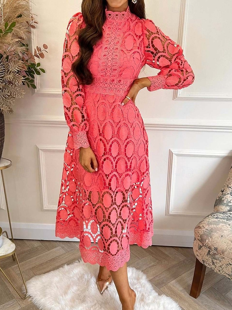 Damen Midikleid Maxikleid Spitzenkleid Weißes Kleid Freizeitkleid Elegant Mode Modern Outdoor Urlaub Ausgehen Normale Passform Schlank Geometrisch Langarm Hoher Ausschnitt Stehkragen Schwarz Wei 2026 - $41.99 –P9