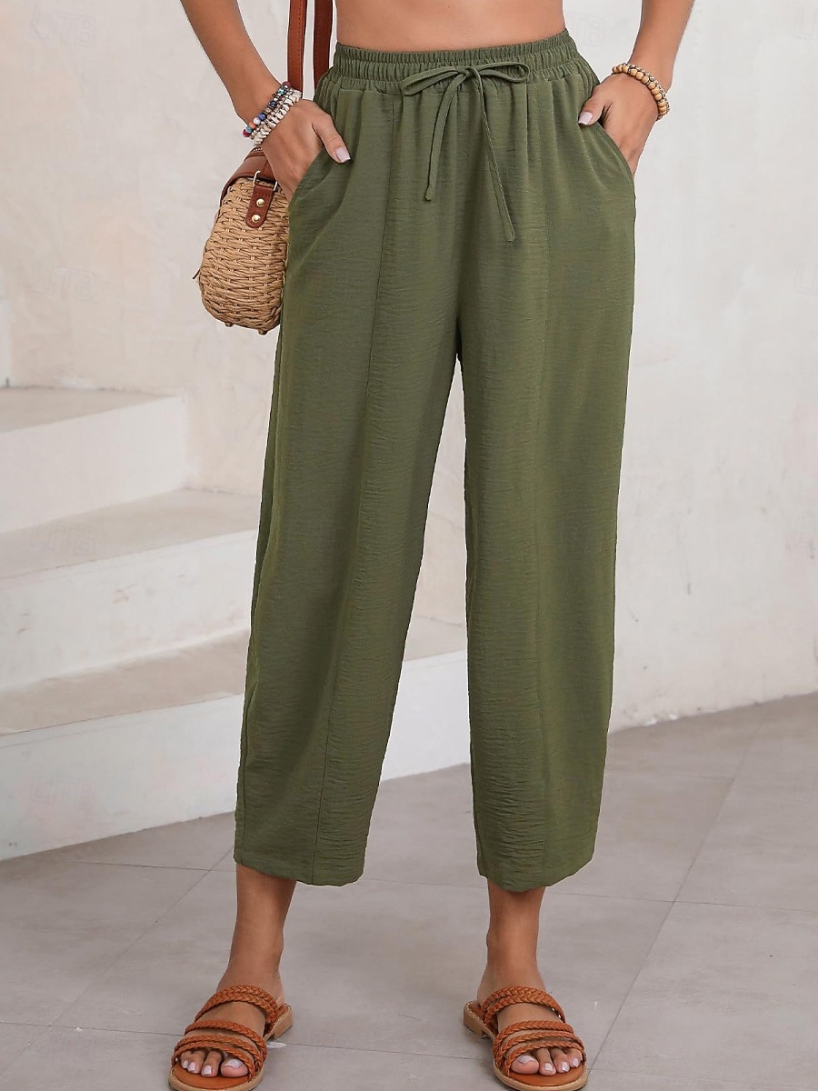 Mujer Chinos Corte Recto Vacaciones Moda Ropa de calle Hasta el Tobillo Alta cintura Plano Bolsillo Cintura elástica Confortable Comodidad Suave Elástico Diario Exterior Calle Ejército verde Azul 2026 - $22.99 –P2