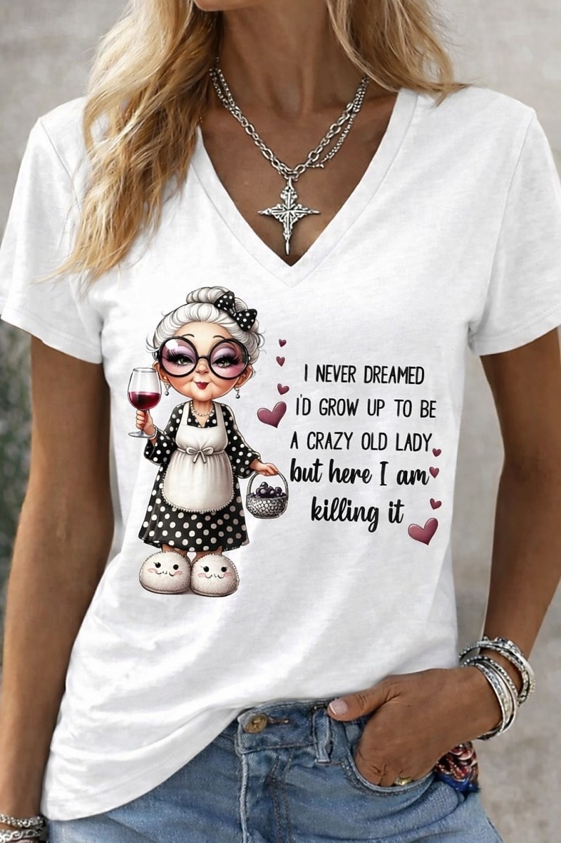 γυναικείο μπλουζάκι αστεία αποφθέγματα χιούμορ στάμπες κομψό κλασικό casual κοντομάνικο ντεκολτέ V μακρύ μπλουζάκι καθημερινό έξοδος Σαββατοκύριακο λευκό κόκκινο κόκκινο λευκό καλοκαίρι άνοιξη 2026 - $21.99 –P1