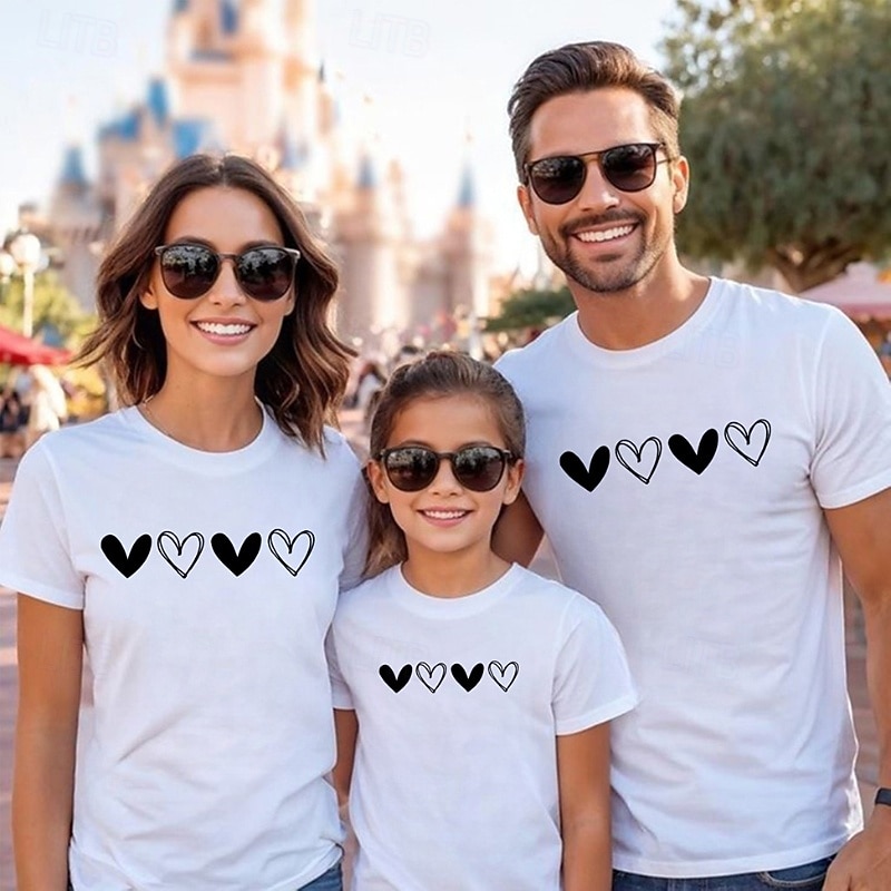 Family T shirt Tops Heart Casual Print Black White Short Sleeve Active Matching Outfits 2026 - $21.99 –P1