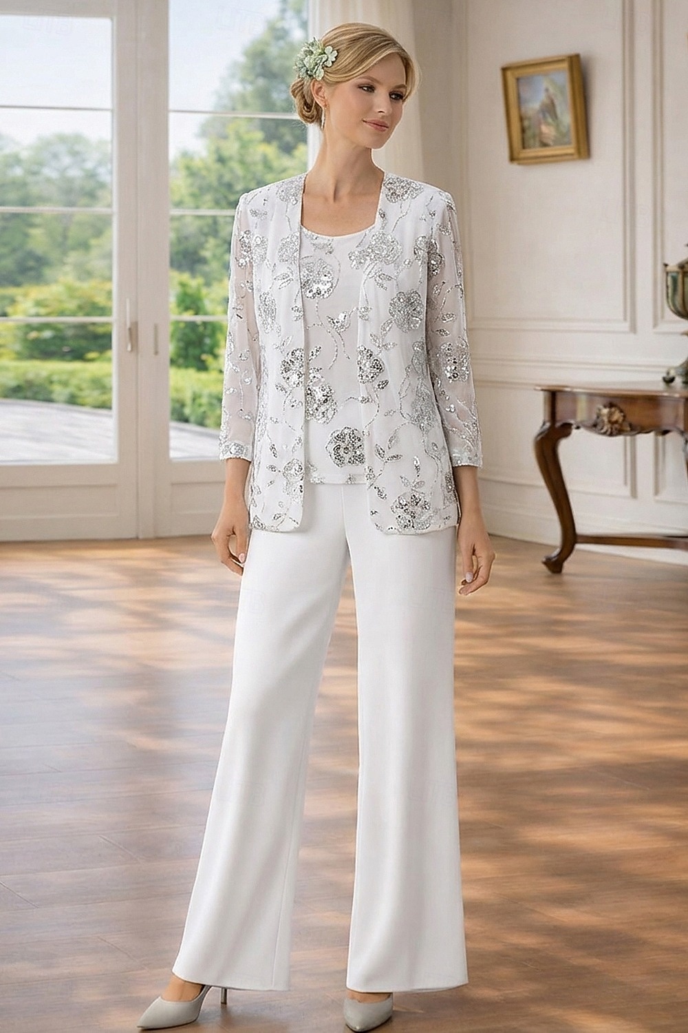 3 Piece Pantsuit Floor Length Mother of the Bride Dress Sleeveless 3/4 Length Sleeve Scoop Neck Elegant Simple Embellished Formal Wedding Guest Formal Evening Chiffon Sequined with Sequin 2026 - $182.99 –P1
