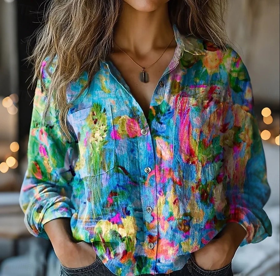 Mujer Camisa camisa boho Botones Estampado Floral Graphic Vintage Elegante Étnico Manga Larga Cuello Camisero Tops largos Diario Festivos Noche Azul Piscina Púrpula Claro Verano Primavera Otoño 2026 - $27.99 –P2