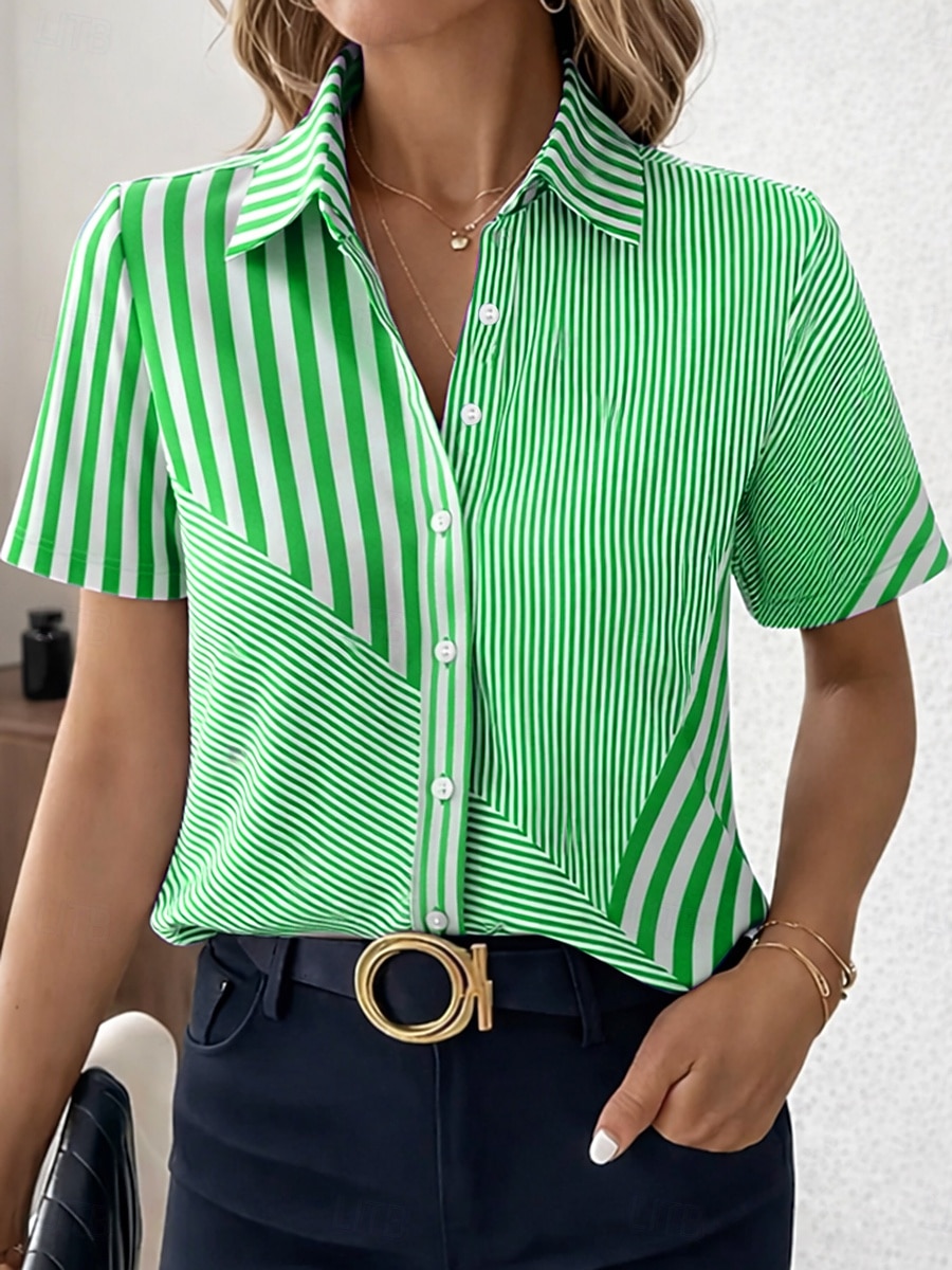 Dames Overhemd Knop Afdrukken Grafisch Geometrisch Vintage Stijlvol Modern Korte mouw Overhemdkraag Normale tops Dagelijks Kantoor blauw Blozend Roze Paars Groen Zomer Lente 2026 - $26.99 –P3