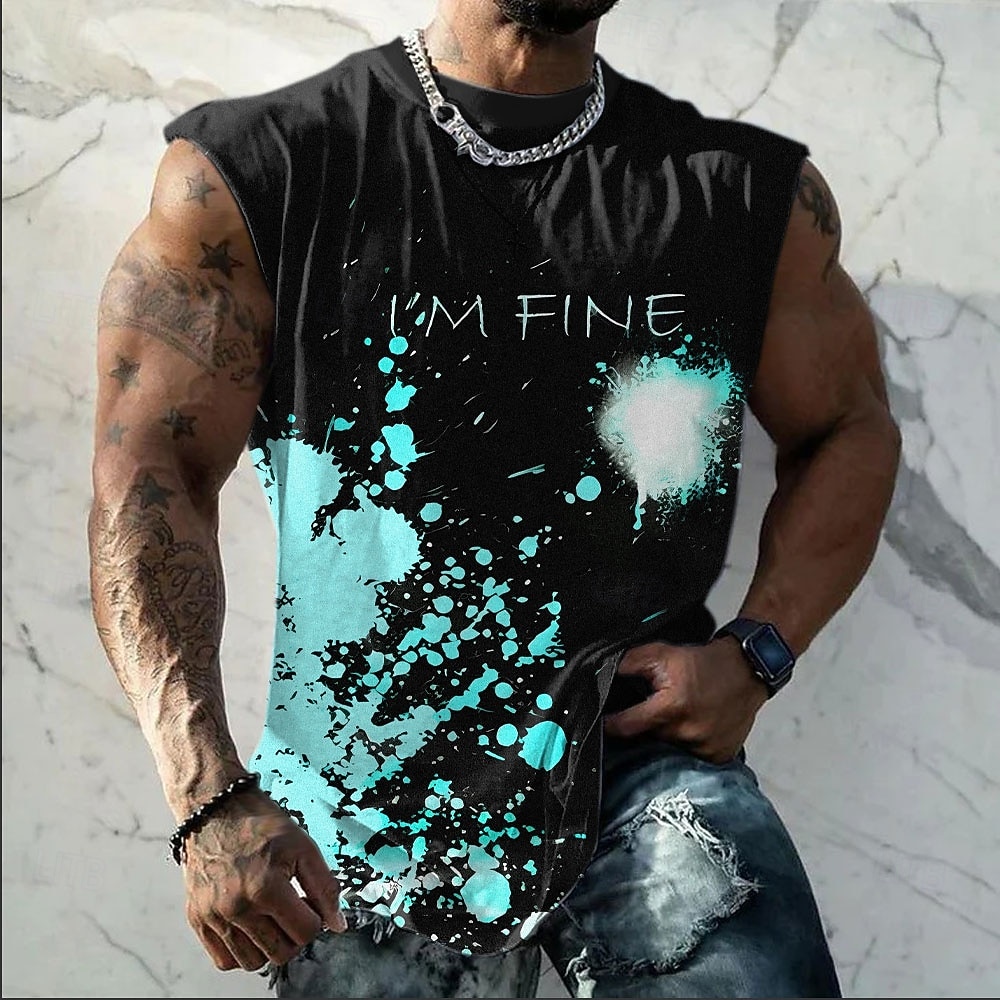 Herr-t-shirt med "jag mår bra", blodigt stänk, rolig mörk humor, ärmlös t-shirt med heltäckande tryck, skräckgrafik, muskeltröja, designerkläder, s m l xl xxl xxxl 2026 - $17.99 –P2