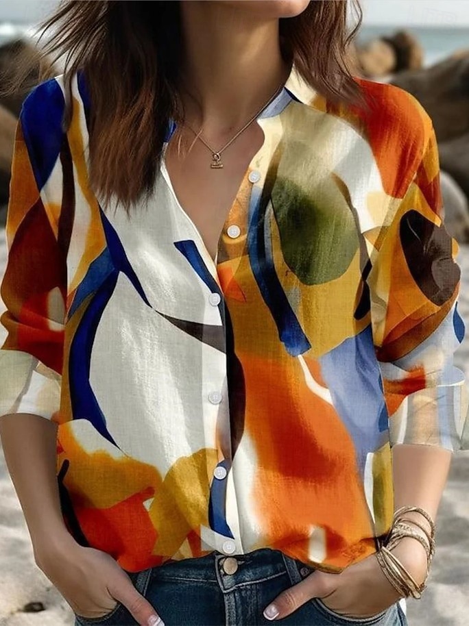 Femmes Chemise Boutons Imprimé Géométrique Actif Quotidien Élégant manche longue Col de chemise Hauts Réguliers Quotidien Fête Blanche Orange Été Printemps de 2026 ? $34.99 –P1