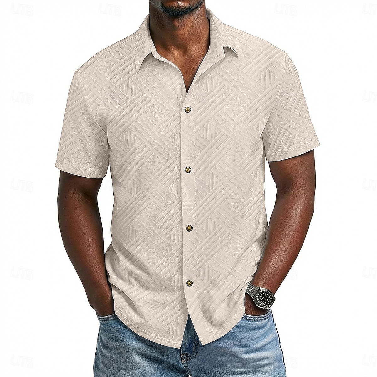 Voor heren Overhemd Normaal shirt Overhemd met knopen Jacquard overhemd Zwart Wit Abrikoos Grijs Licht Blauw Korte mouw Geometrisch Effen Revers Casual Dagelijks Jacquard Kleding Elegant Modieus 2026 - $25.99 –P7