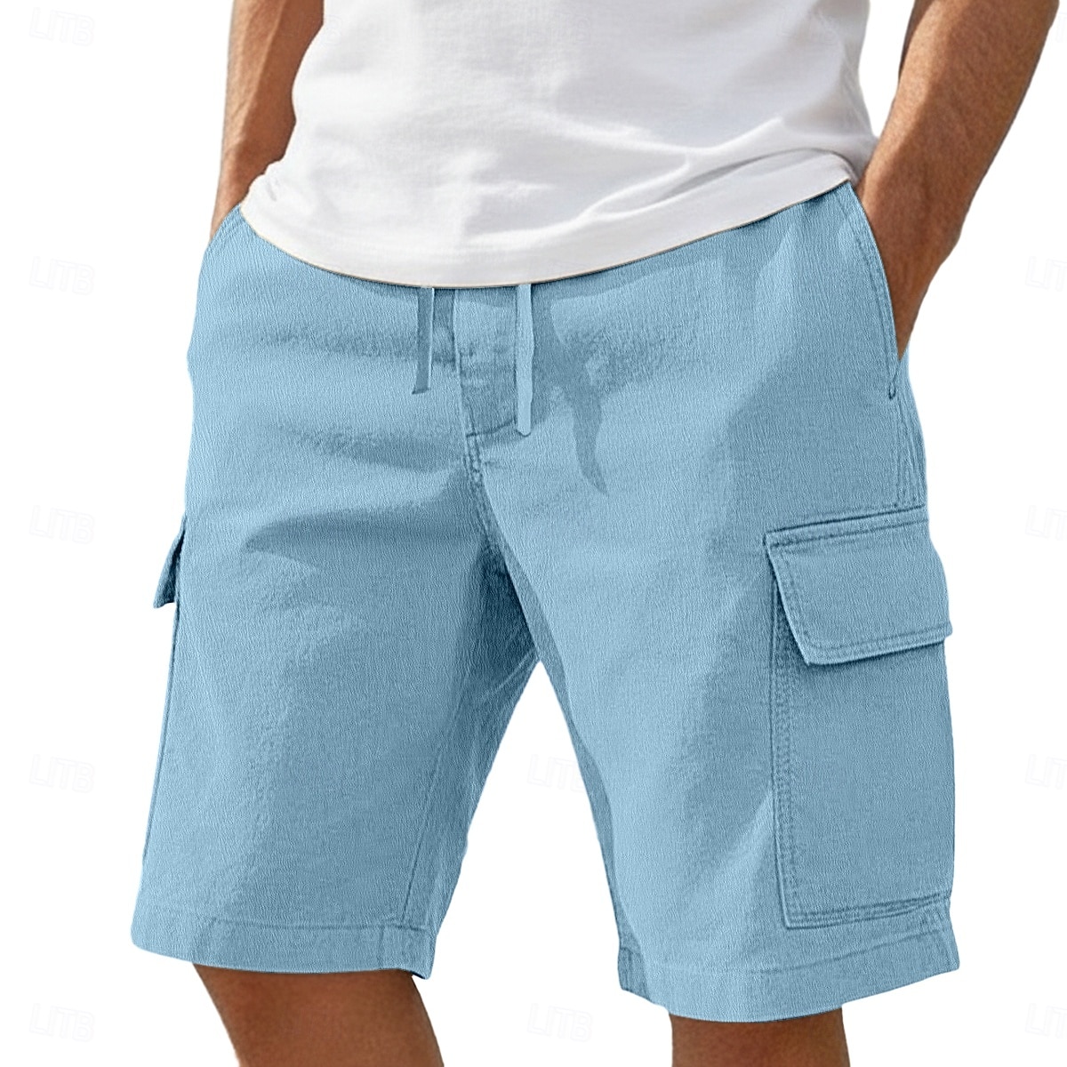 Men's Cargo Shorts Linen Shorts Summer Shorts Beach Shorts Drawstring Elastic Waist Basic Plain Knee Length Outdoor Beach Vacation Hawaiian Blue Black Inelastic 2026 - $24.99 –P8