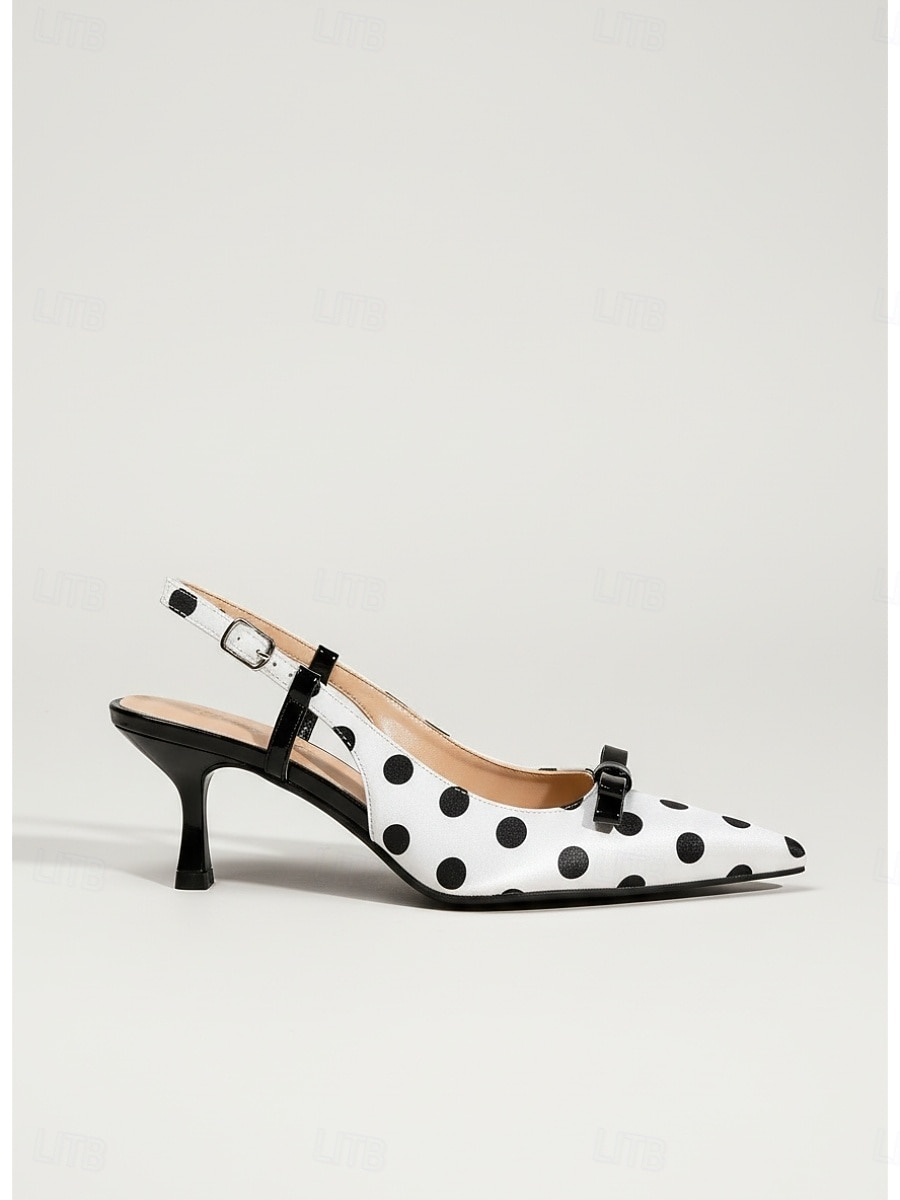 Elegáns, fehér pöttyös, slingback cipők - sikkes, hegyes orrú, cicasarkú cipő állítható pánttal irodai munkára, mindennapi viseletre és nyári kiruccanásokra. 2026 - $46.99 –P3