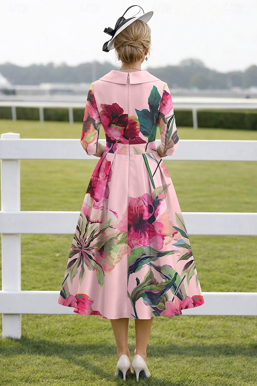 Ligne A Longueur thé Robe de Soirée Robe de Cocktail Robe d'invité de mariage Robe de Mère de Mariée  Demi Manches Revers Élégant Kentucky Derby Satin avec Imprimé floral de 2026 ? $167.99 –P2