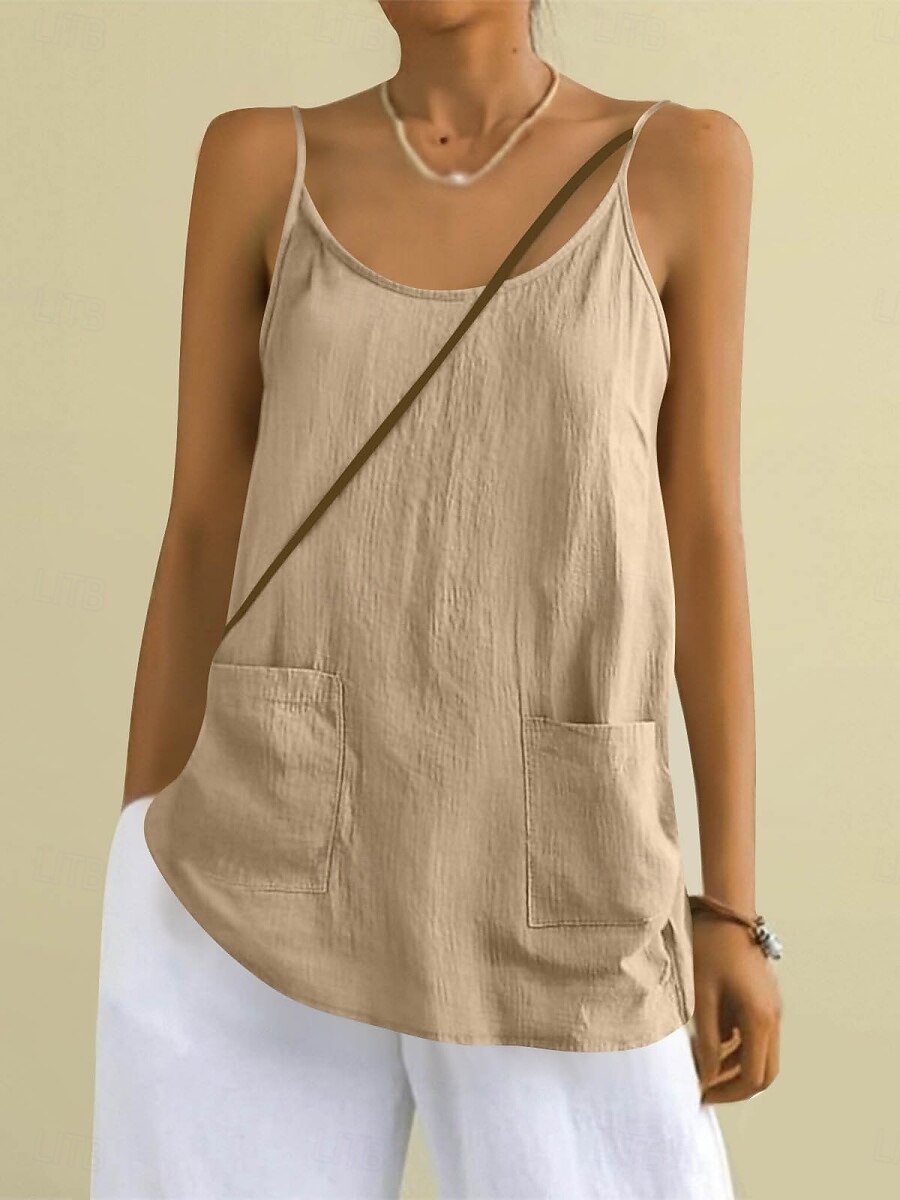 Regata feminina com bolso, lisa, moderna, elegante, clássica, sem mangas, gola redonda, ideal para uso diário, passeios e fins de semana. Cores: azul, preta, branca, amarela, rosa. Verão e primavera. de 2026 por $18.49 –P15