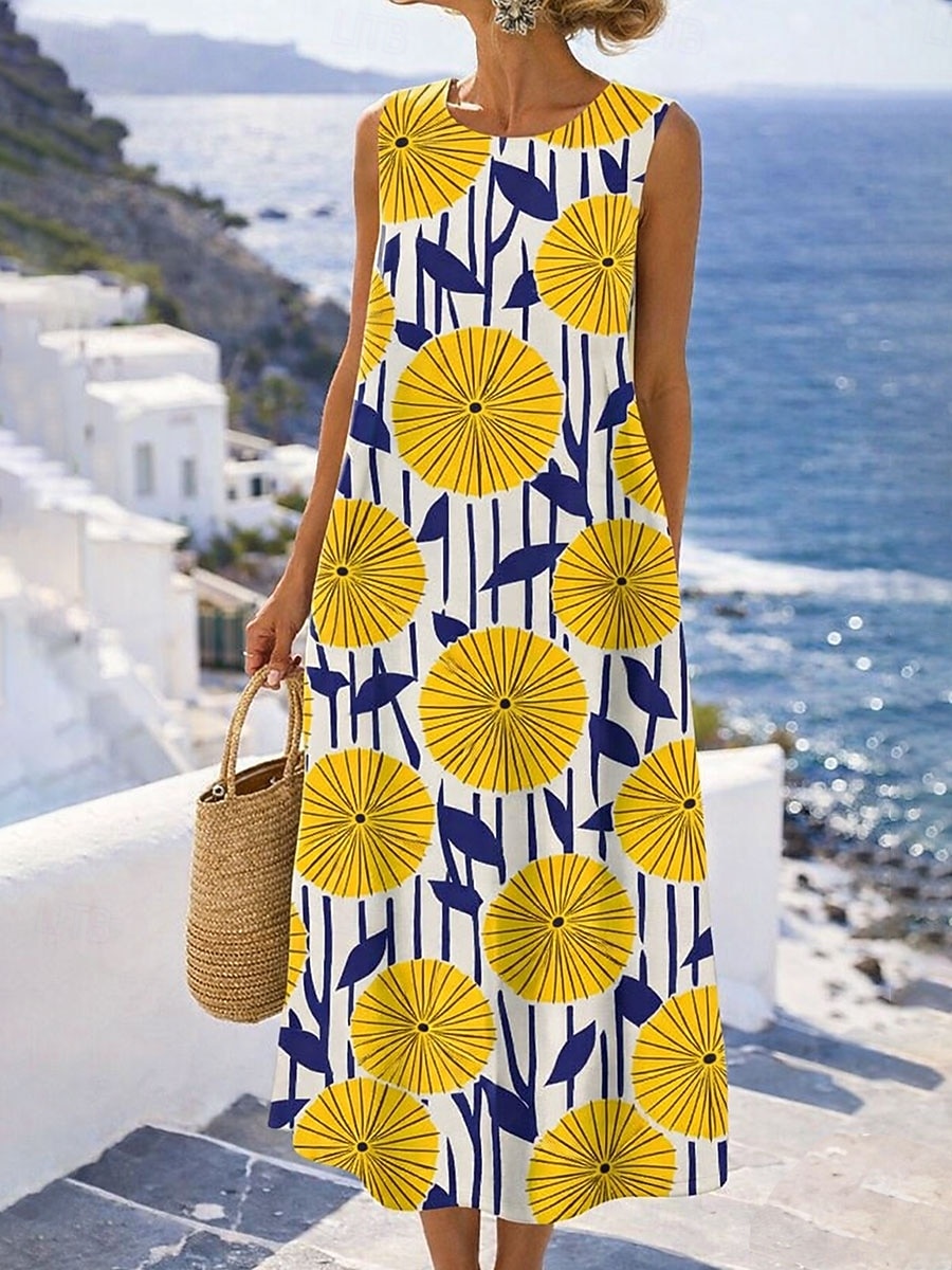 Mulheres Vestido midi Vestido de turno Vestidos Para o Verão Vestido A Line Férias Casual Boho Praia Festa Normal Floral Gráfico Sem Manga Gola Redonda Azul Amarelo Rosa Vermelho Verão Primavera de 2026 por $37.99 –P2