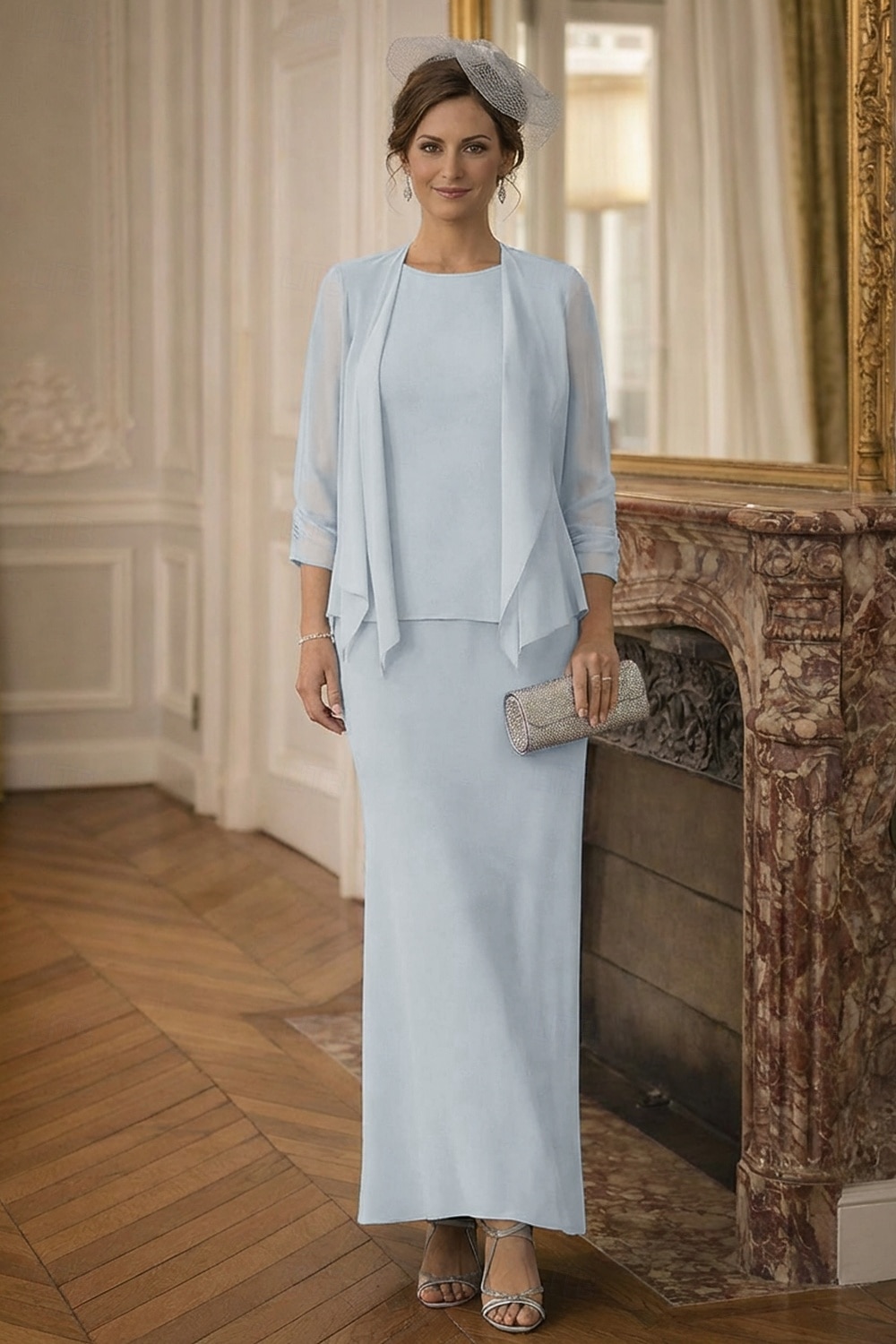 Duas Peças Tubinho Longo Vestido de convidada de casamento Vestido Para Mãe dos Noivos Manga Longa Scoop pescoço Elegante Formal Convidado do casamento Chiffon Embrulho incluido com Cor Única de 2026 por $142.99 –P9