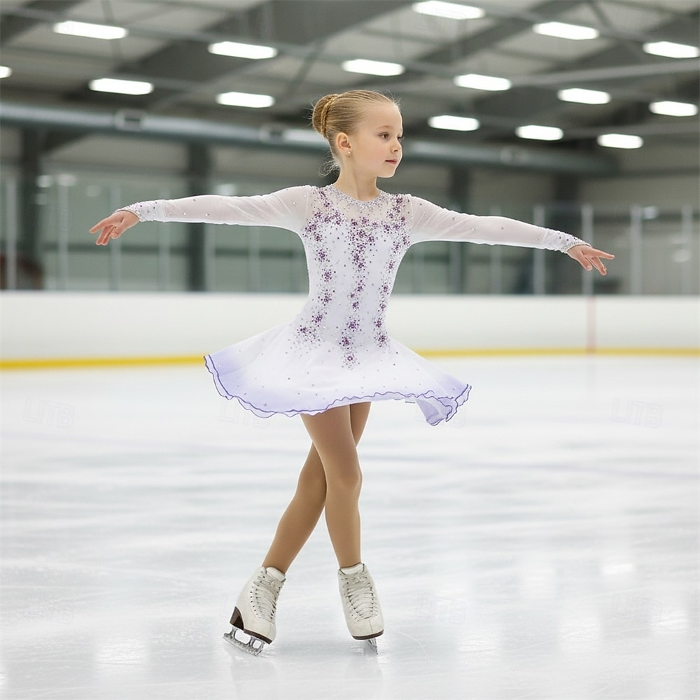 Figure Skating Dress Girls' Ice Skating Dress Violet White Yellow Patchwork Thumbhole Stretchy Training Competition Skating Wear Classic Crystal / Rhinestone Long Sleeve Ice Skating Figure Skating 2026 - $233.09 –P1