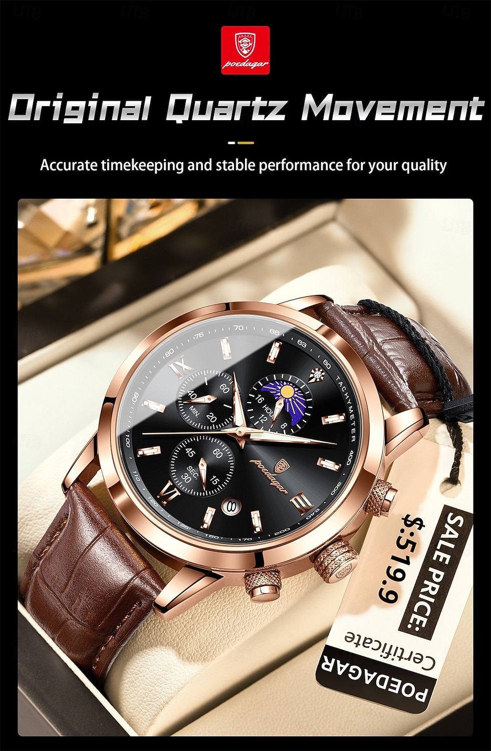 882 New Men's Watch, Moon Phase Multifunction Chronograph Quartz Watch 2026 - $24.99 –P9