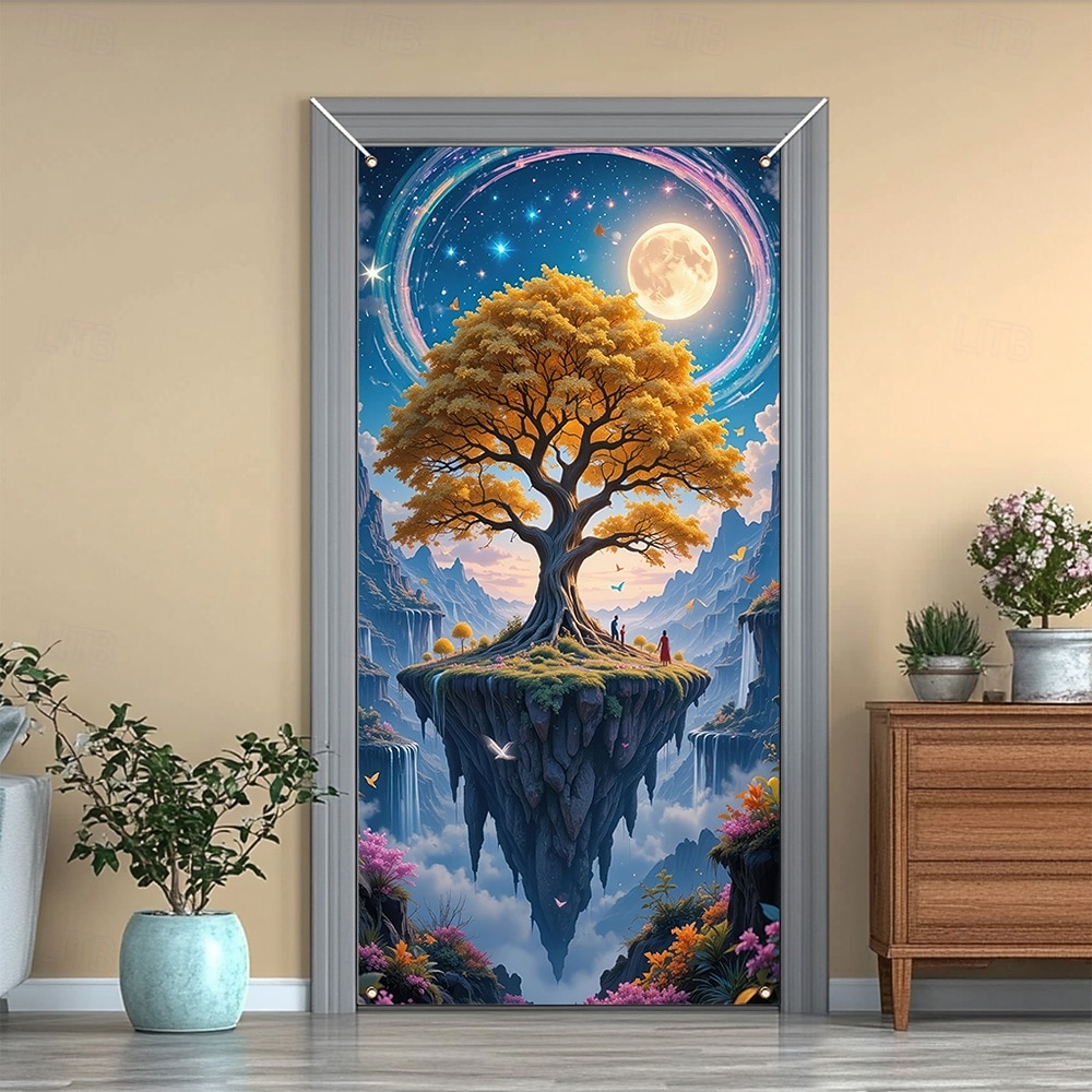 Fantasy Tree of Life Golden Tree Floating Island Full Moon Starry Night Door Banner Wall Tapestry Magical Landscape Home Decor Front Door Decoration Entryway Decor Indoor Outdoor 2026 - $17.99 –P1