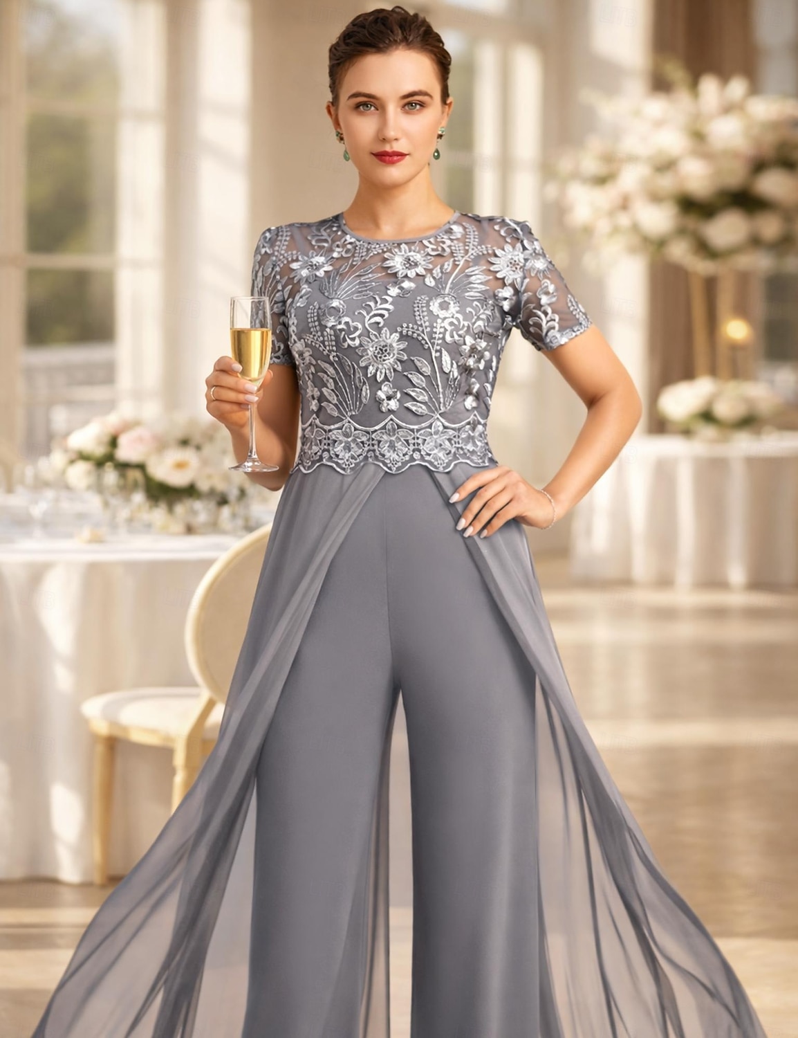 Παντελόνι Μέχρι τον αστράγαλο Φόρεμα Μητέρας της Νύφης Κοντομάνικο Με Κόσμημα Κομψό Επισκέπτης γάμου Επίσημο Βραδινό Stretch σιφόν με Δαντέλα Πλισέ 2026 - $206.99 –P3