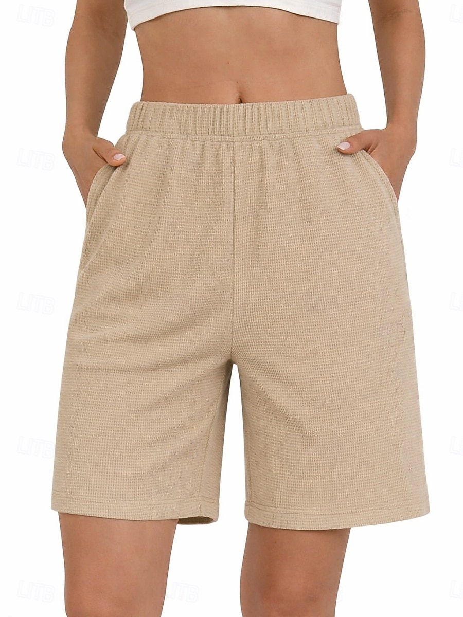 Women's Bermuda shorts Waffle Chinos Shorts Vacation Fashion Streetwear Knee Length High Waist Plain Elastic Waistband Comfy Comfort Soft Stretchy Daily Outdoor Street Green Khaki Beige Gray Summer 2026 - $30.99 –P4