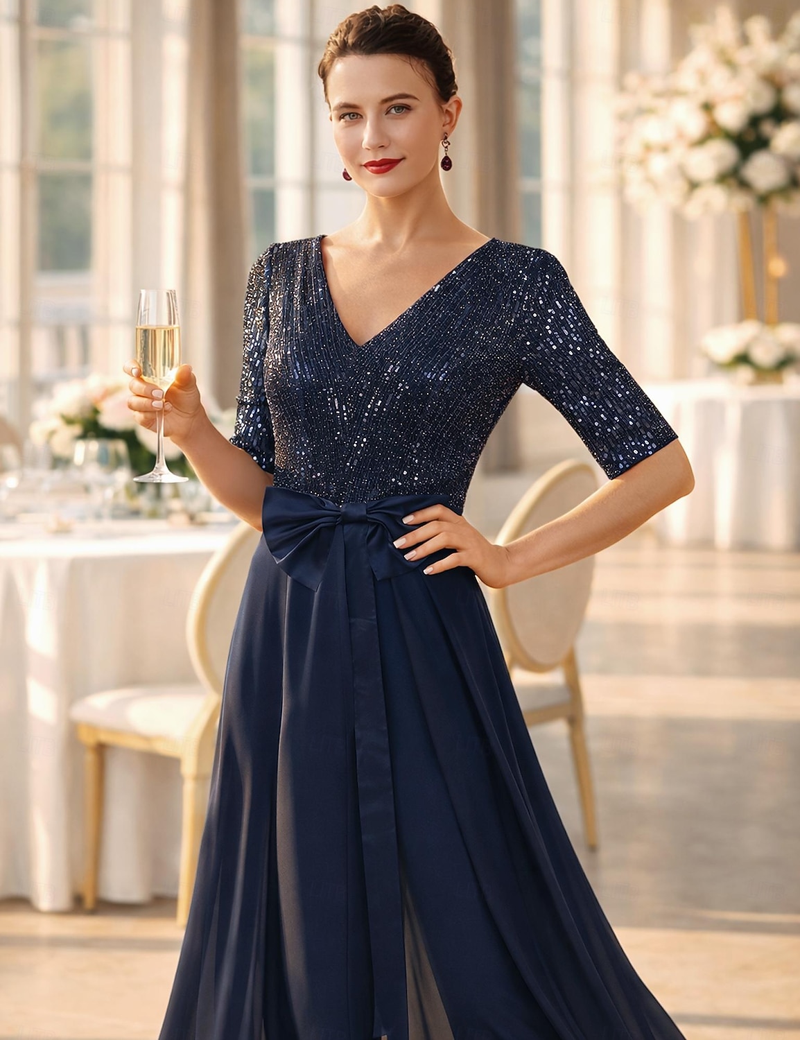 Tuta Completo Pantalone Lunghezza alla caviglia Abito da cerimonia per signora Mezza Manica Scollo Tondo Elegante Formale Ospite di nozze Chiffon Con Paillettes con Fiocco/Fiocchi Paillettes del 2026 a $137.99 –P3