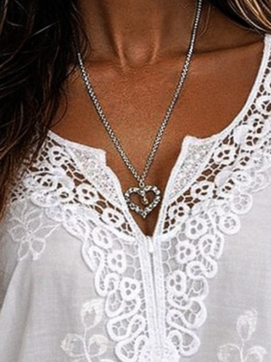 Dam Blus Spets Ensfärgat Stylish Ledigt Kortärmad V-hals Vanliga toppar Dagligen Blå Svart Vit Orange Grå Sommar Vår Höst 2026 - $9.99 –P4