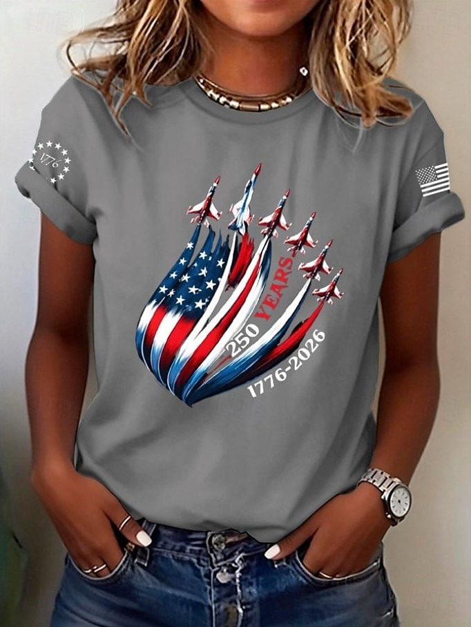 Amerikansk uavhengighetsdag Dame T skjorte Trykt mønster Grafisk Flagg Bokstaver Årgang Stilfull Klassisk Kortermet Crew-hals Vanlige topper Daglig Blå Aske Svart Hvit Sommer Vår 2026 - $22.99 –P7