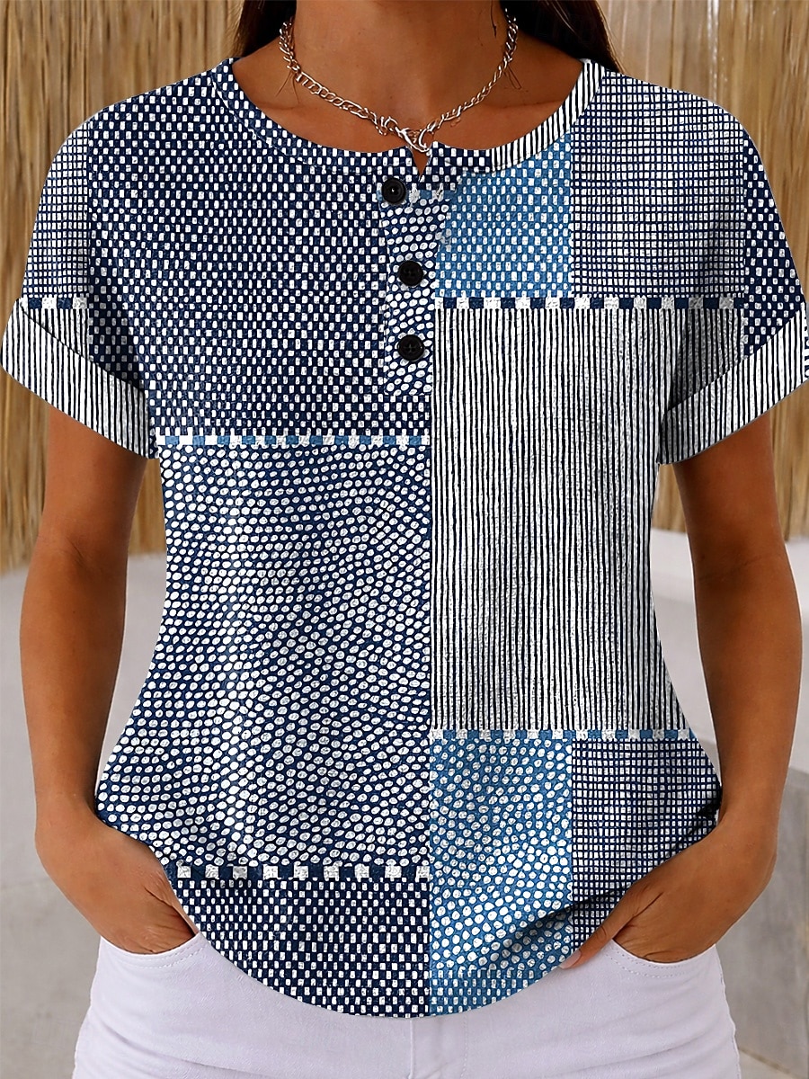 Γυναικείο Waffle T Shirt Χρώμα Μπλοκ Εκτύπωση Γραφικό Γεωμετρικό Αφηρημένο Vintage Κομψό Κλασικό Βραχύ Μανίκι Crew Neck Μακριά Μπλουζάκια Καθημερινά Μπλε Μαύρο Κίτρινο Ροζ Σκούρο Μπλε Καλοκαίρι Άνοιξη 2026 - $9.99 –P6