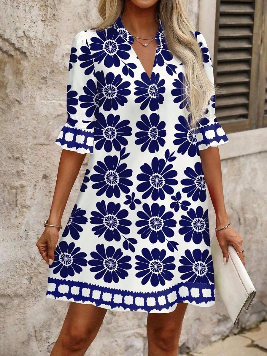 Women's Mini Dress Shift Dress Casual Dress Print Dress Fashion Modern Daily Vacation Going out Regular Fit Floral Long Sleeve V Neck Blue Black Red Fuchsia Spring Fall 2026 - $33.99 –P3