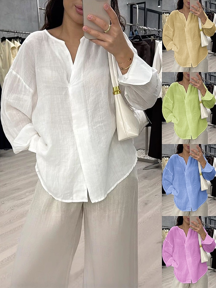 Damen Bluse Baumwollhemd Einfarbig Täglich Stilvoll Basic Langarm V Ausschnitt Normale Oberteile Täglich Blau Weiß Gelb Rosa Grün Sommer Frühling Herbst 2026 - $27.99 –P1