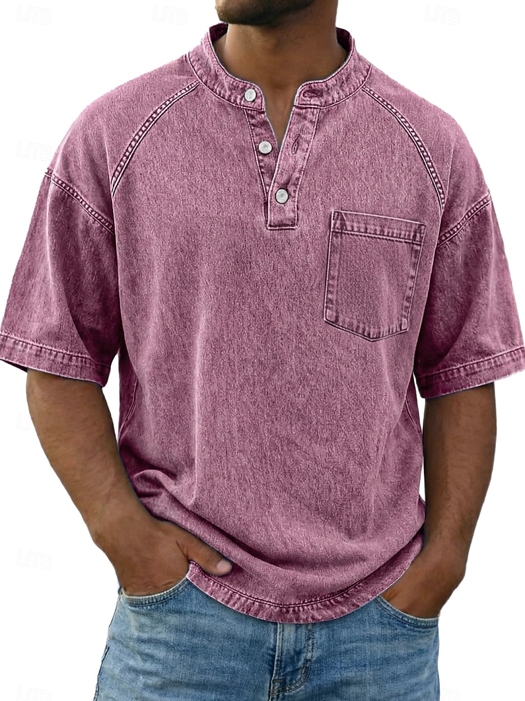 Bărbați Tricou Cămașă Demin Cămașă de spălat cu acid 100% bumbac Manșon scurt Guler de stand Henley Toamna iarna Primăvară Toamnă Simplu Epocă Șic Stradă Casual Buzunar Vopsit în haine Spălat Casual 2026 - $31.99 –P4
