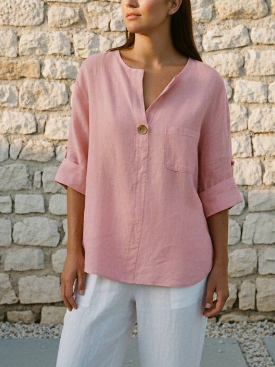 Women's Linen-feel Shirts Blouse Pocket Buttons Plain Active Casual Half Sleeve V Neck Regular Tops Daily Holiday Going out Blue Black White Pink Purple Summer Spring 2026 - $18.99 –P6