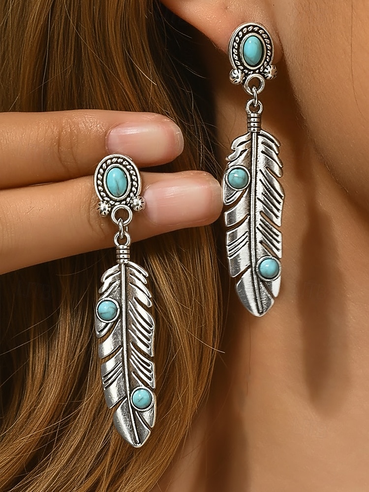 Pendientes colgantes de hoja turquesa de aleación estilo boho para mujer, pendientes llamativos de plumas de estilo western vintage para uso casual, viajes, vacaciones y estilo resort. 2026 - $7.99 –P1