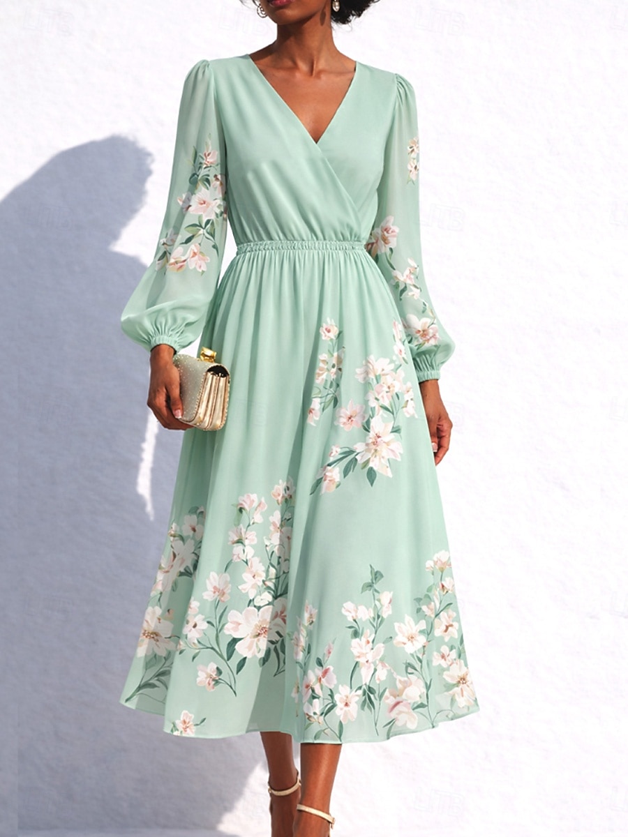 Women's Midi Dress Pleated Dress Work Dresses Fit And Flare Dress Birthday Casual Formal Office Date Regular Fit Floral Graphic Long Sleeve V Neck Light Green Summer Spring 2026 - $45.99 –P2